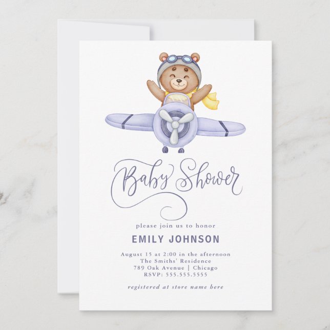 Teddy Bear Aeroplane Baby Shower Invitation (Front)