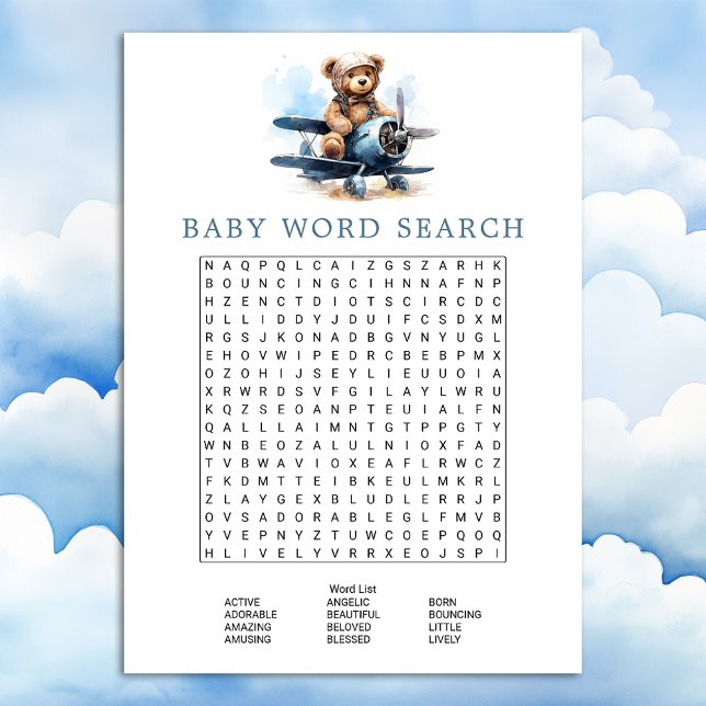 Teddy Bear Aeroplane Baby Shower Word Search Game Invitation (Creator Uploaded)