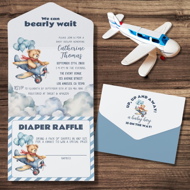 Teddy Bear Aeroplane Balloons Boy Baby Shower All In One Invitation (Creator Uploaded)