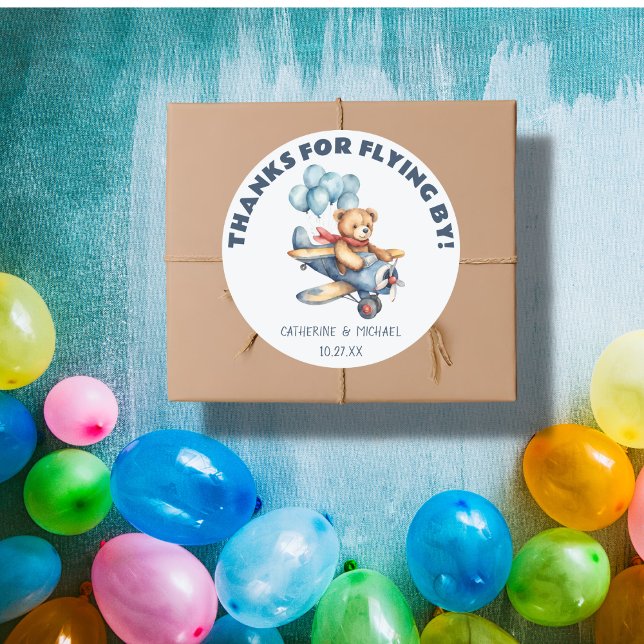 Teddy Bear Aeroplane Balloons Boy Baby Shower Classic Round Sticker (Creator Uploaded)