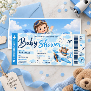 Teddy Bear Aeroplane Boarding Pass Boy Baby Shower Invitation
