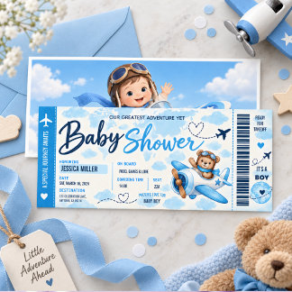 Teddy Bear Aeroplane Boarding Pass Boy Baby Shower Invitation