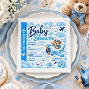 Teddy Bear Aeroplane Boarding Pass Boy Baby Shower Napkin