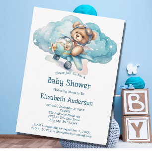 Teddy Bear Aeroplane Boy Baby Shower Invitation