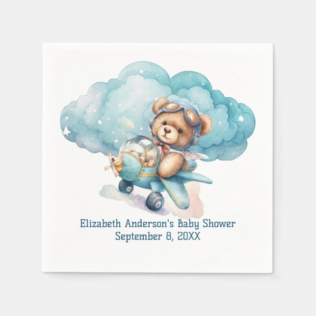 Teddy Bear Aeroplane Boy Baby Shower Napkin (Front)