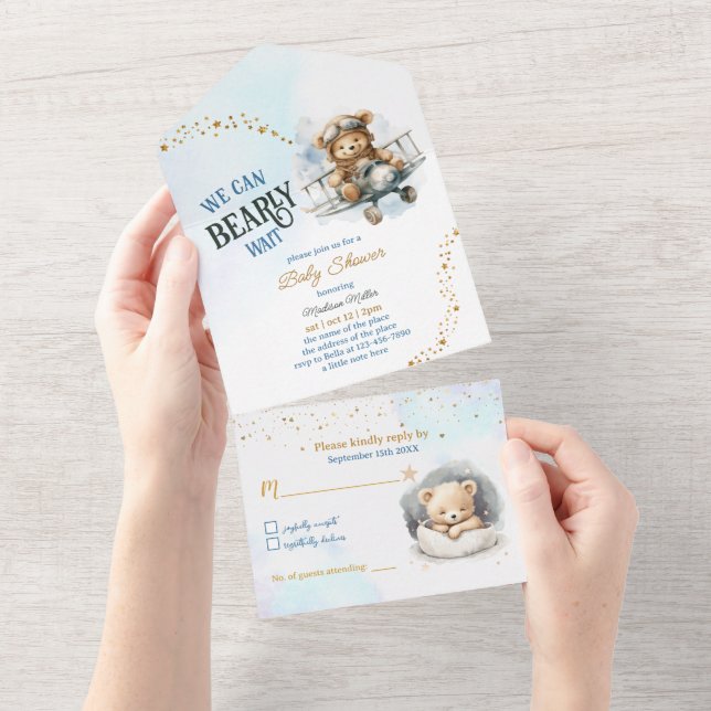 Teddy Bear Aeroplane Flying Boy Baby Shower All In One Invitation (Tearaway)