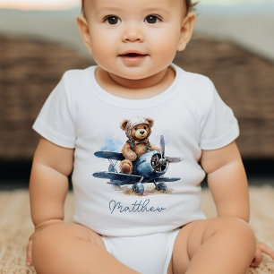 Teddy Bear Aeroplane Watercolor Baby Shower Gift Bodysuit