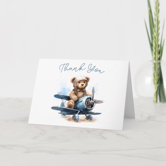 Teddy Bear Aeroplane Watercolor Baby Thank You Card (Front)