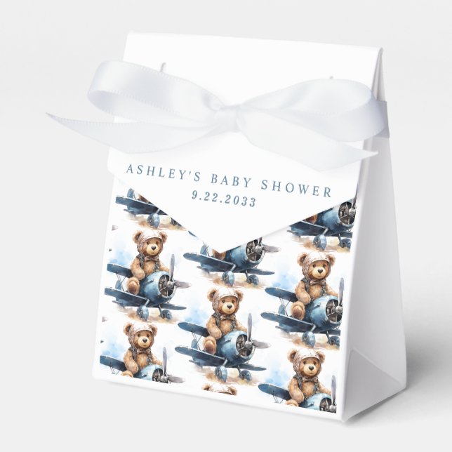 Teddy Bear Aeroplane Watercolor Boy Baby Shower Favour Box (Front Side)