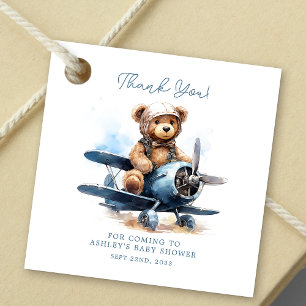 Teddy Bear Aeroplane Watercolor Boy Baby Shower Favour Tags