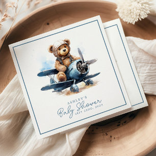 Teddy Bear Aeroplane Watercolor Boy Baby Shower Napkin