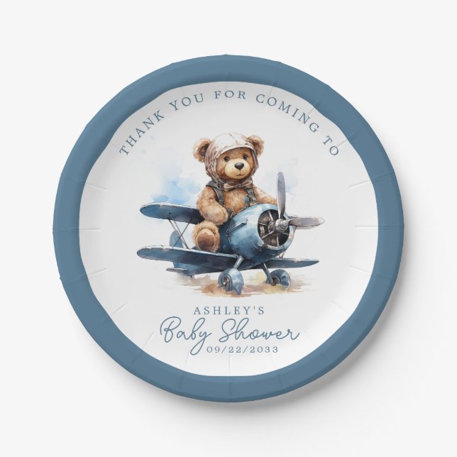 Teddy Bear Aeroplane Watercolor Boy Baby Shower Paper Plate (Front)