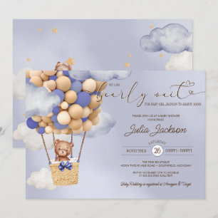 Teddy Bear Air Balloon Blue Cloud Boy Baby Shower Invitation