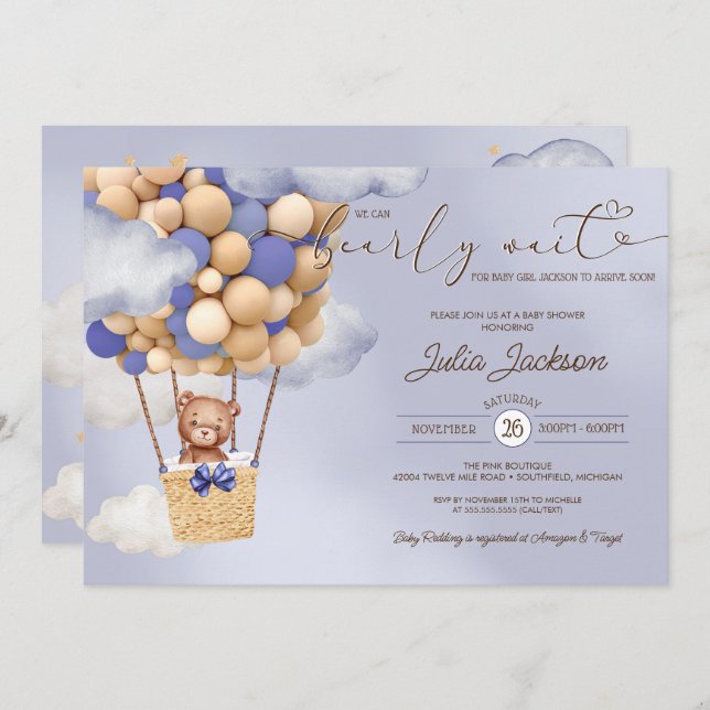 Teddy Bear Air Balloon Blue Cloud Boy Baby Shower Invitation (Front/Back)