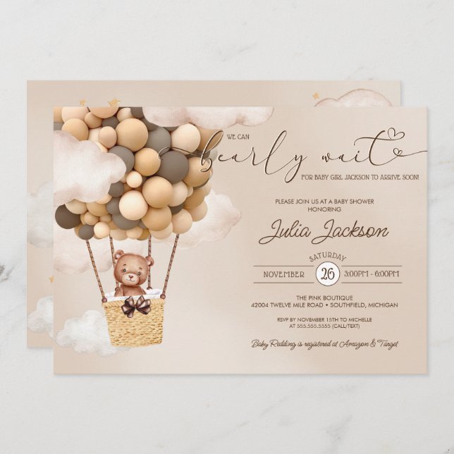 Teddy Bear Air Balloon Neautral Cloud Baby Shower Invitation (Front/Back)