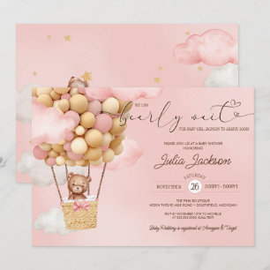 Teddy Bear Air Balloon Pink Cloud Girl Baby Shower Invitation