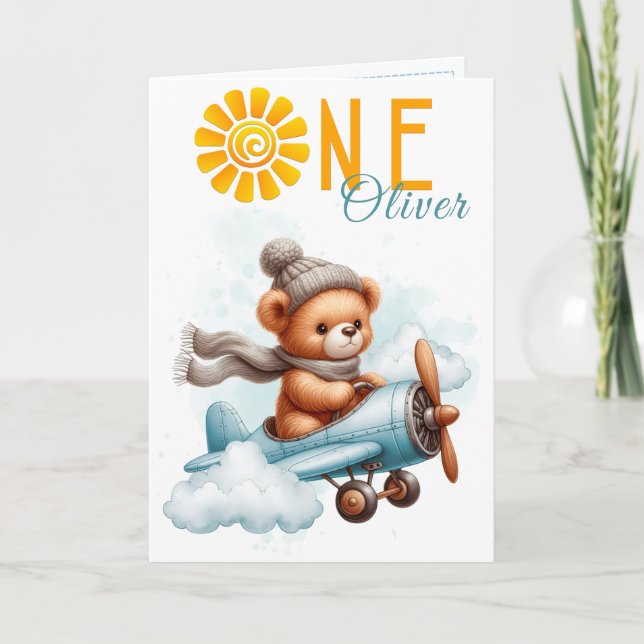 Teddy Bear Airplane 1st Birthday Card (Front)