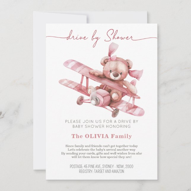 Teddy Bear Airplane | Baby Shower by Mail Pink Invitation (Front)