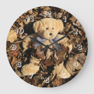 Teddy Bear and A Big Pile of Leaves Large Clock