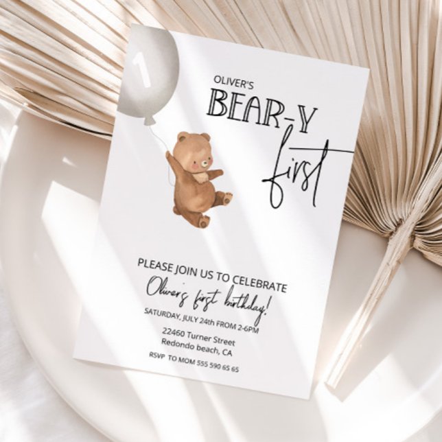 Teddy bear and balloon Bear-y first 1st birthday Invitation (Bear-y first birthday invitation, teddy bear invitation)