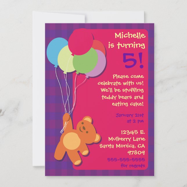 Teddy Bear and Balloons Birthday Party Invitation (Front)