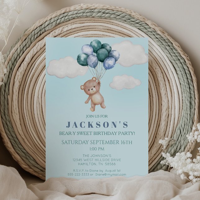 Teddy Bear and Balloons Birthday Party Invitation (Bear-y Sweet Birthday Bear with Balloons)