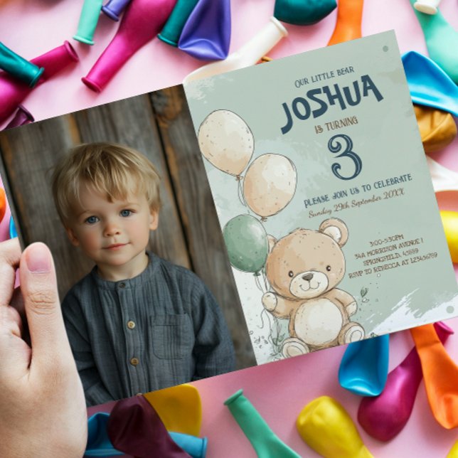Teddy Bear and Balloons Green Kids Birthday Party Invitation (Creator Uploaded)