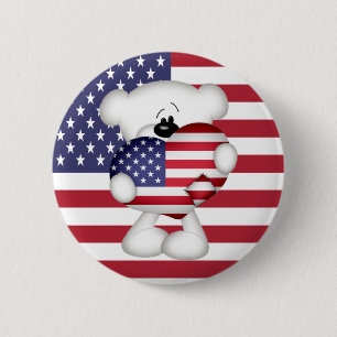 Teddy Bear and Big USA Flag Heart 6 Cm Round Badge