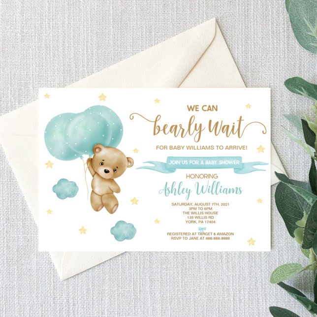 Teddy Bear and Blue Balloons Baby Shower Invitation (Creator Uploaded)