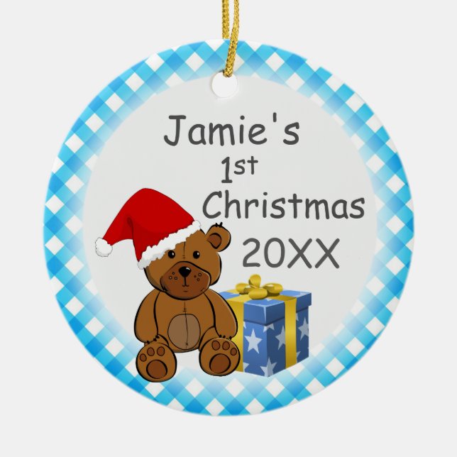 Teddy Bear and Blue Plaid Baby's 1st Christmas Ceramic Tree Decoration (Front)