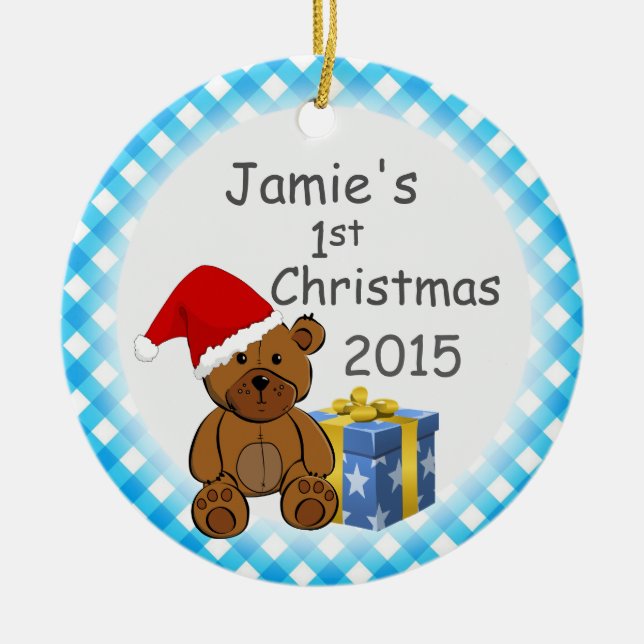 Teddy Bear and Blue Plaid Ceramic Tree Decoration (Front)
