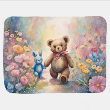 Teddy bear and Bunny In a Pastel Garden