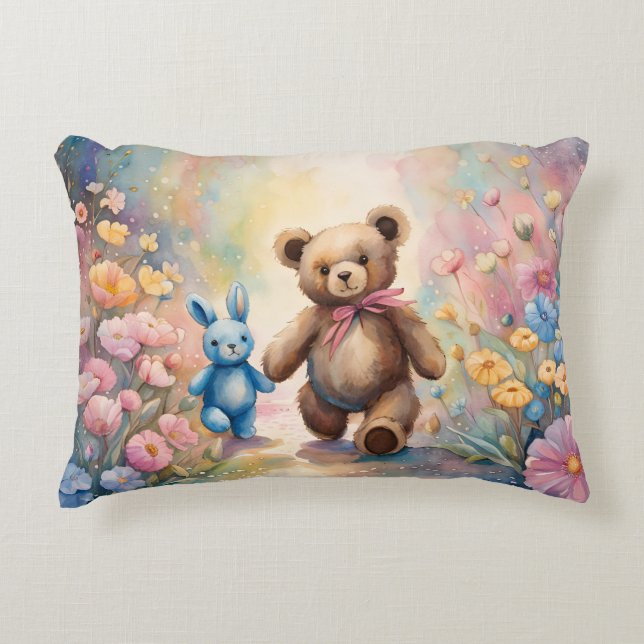 Teddy bear and Bunny In a Pastel Garden Decorative Cushion (Front)