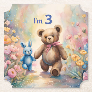 Teddy bear and Bunny In a Pastel Garden Paper Coaster