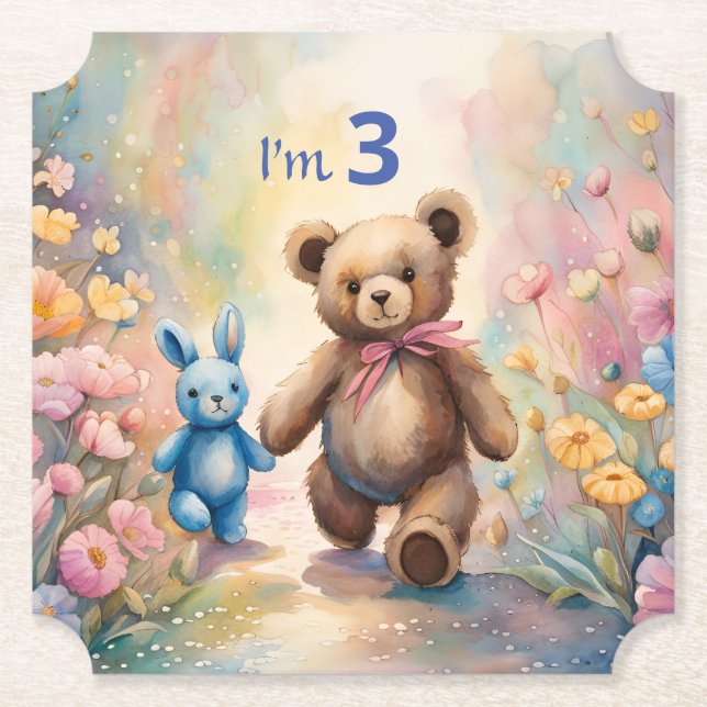 Teddy bear and Bunny In a Pastel Garden Paper Coaster (Front)