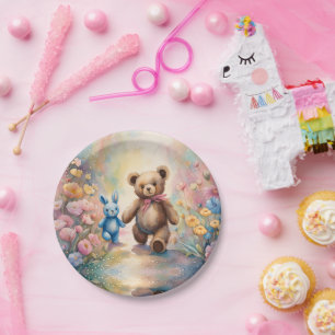 Teddy bear and Bunny In a Pastel Garden Paper Plate