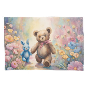 Teddy bear and Bunny In a Pastel Garden Pillowcase