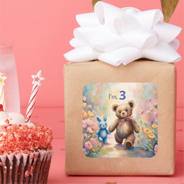 Teddy bear and Bunny In a Pastel Garden Square Sticker (Party)