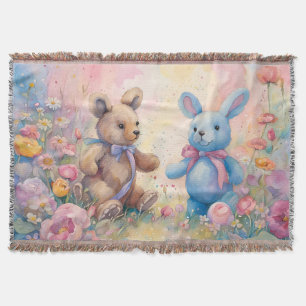 Teddy bear and Bunny In a Pastel Garden Throw Blanket