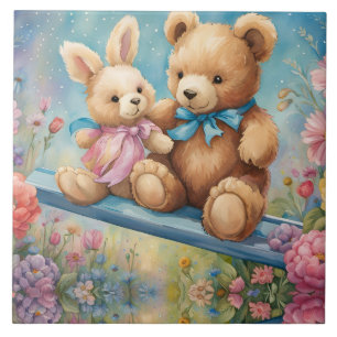 Teddy bear and Bunny In a Pastel Garden Tile