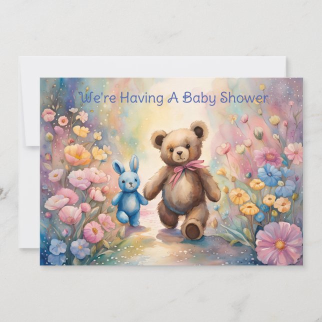 Teddy bear and Bunny In Pastel Garden Baby Shower  Announcement (Front)