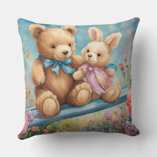 Teddy Bear and Bunny Sitting in garden Cushion
