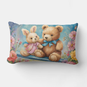 Teddy Bear and Bunny Sitting in garden Lumbar Cushion