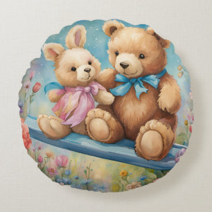 Teddy Bear and Bunny Sitting in garden Round Cushion