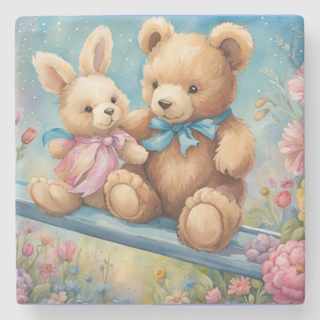 Teddy Bear and Bunny Sitting in garden Stone Coaster (Front)