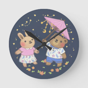 Teddy Bear and Bunny under the Stars Illustration Round Clock