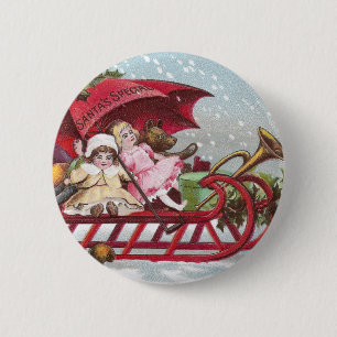Teddy Bear and Dolls on Sled Vintage Christmas 6 Cm Round Badge
