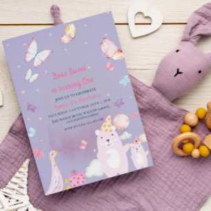 Teddy Bear and duck Purple 1st Birthday baby Girl Invitation