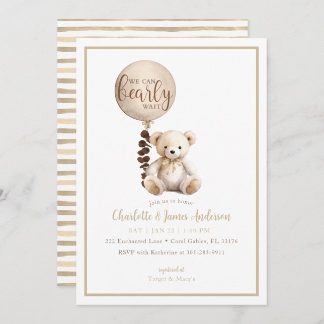 Teddy Bear and Eucalyptus Balloon Baby Shower Invitation (Front/Back)