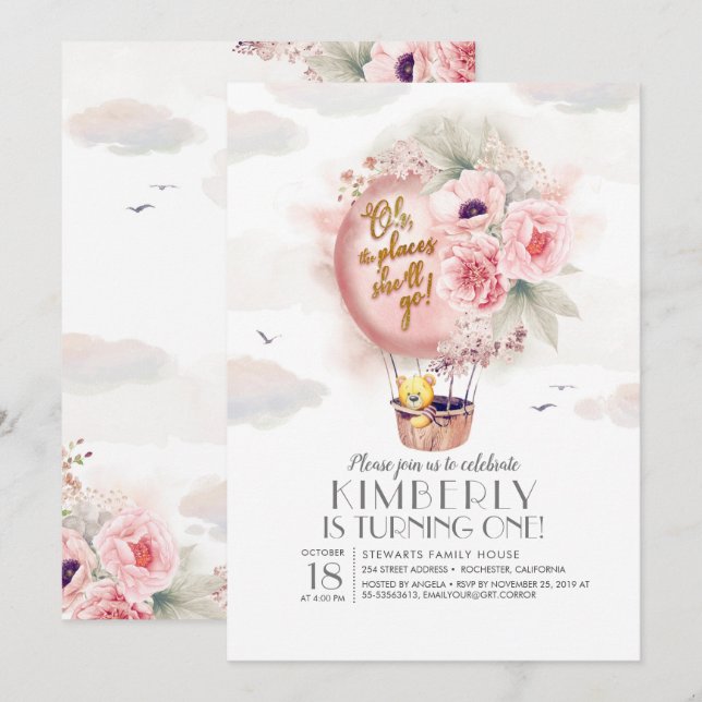 Teddy Bear and Floral Hot Air Balloon Kid Birthday Invitation (Front/Back)